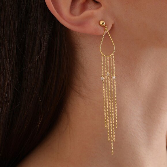 925K Silver Earrings Minimalist Design 14K Gold Filled Hand Chain Earrin… - Picture 2 of 4